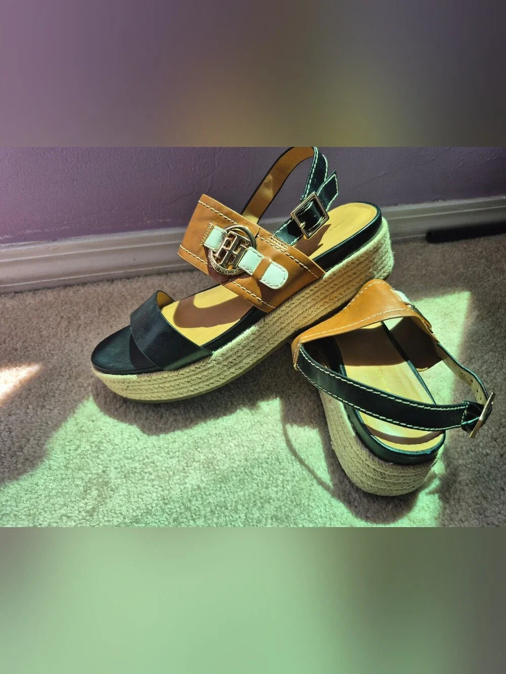 Tommy Hilfiger Two-Tone Black, Tan & White Espadrille Platform Sandals